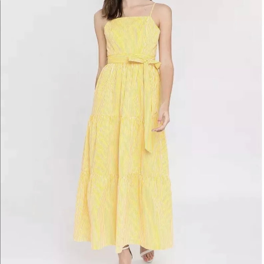 ENGLISH FACTORY YELLOW STRIPED TIE WAIST MIDI DRESS M Used, Like New.